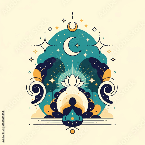 Meditating Person with Lotus and Celestial Bodies.