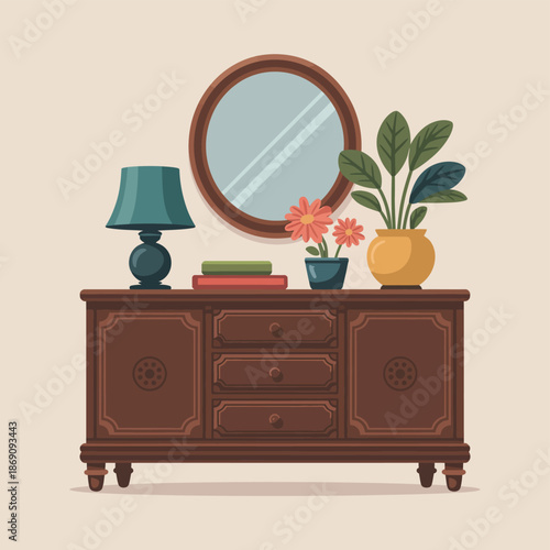 Beautifully decorated dresser with mirror and plants