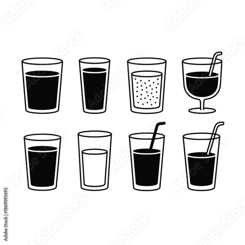 Different types of glasses with various drinks and straws
