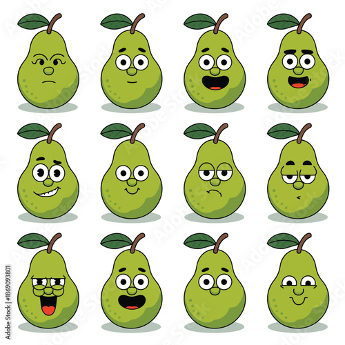 Collection of cartoon pears with different facial expressions