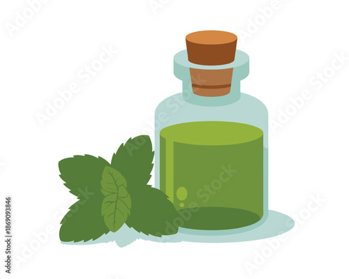 Bottle of green essential oil with fresh mint leaves