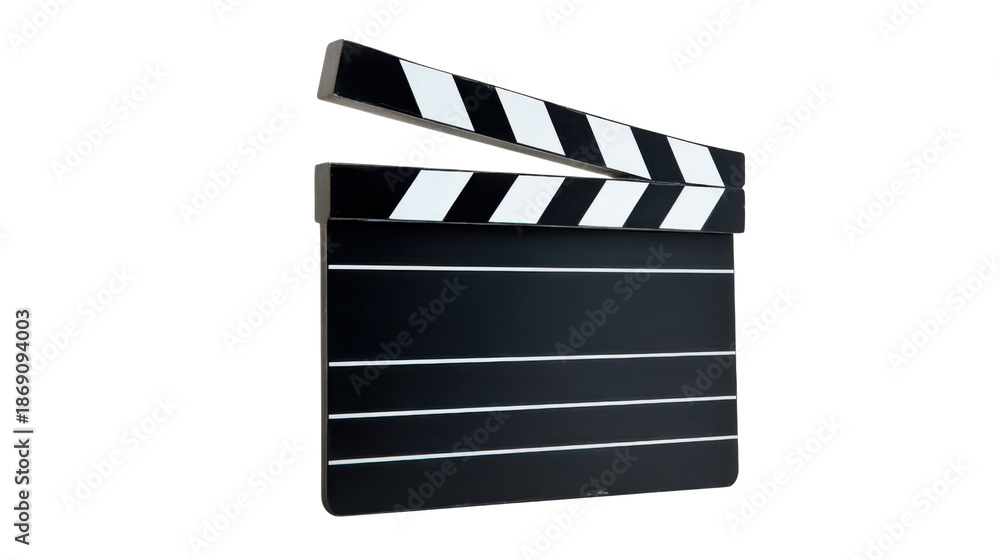Fototapeta premium Clapperboard opening with its iconic black and white striped top bar, ready for a movie scene, on a transparent background