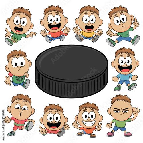 Cartoon boy characters surrounding hockey puck