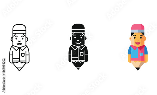 Cartoon characters shaped like pencils with different outfits