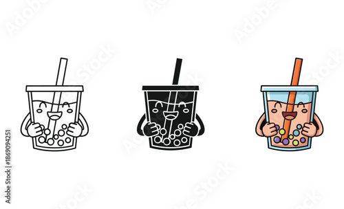 Cartoon bubble tea cups with straws and hands