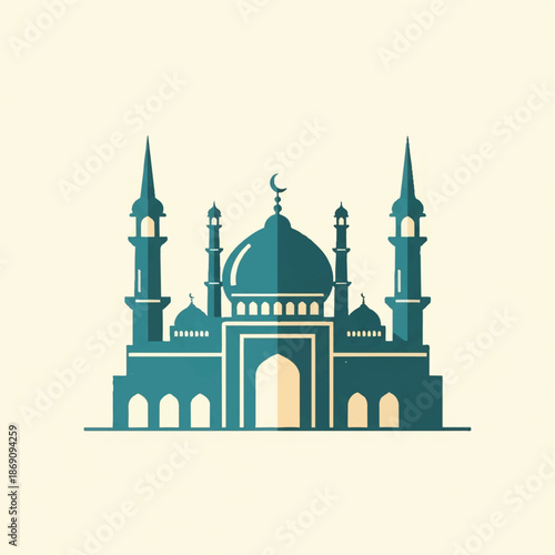 Mosque Building with Dome and Minarets.