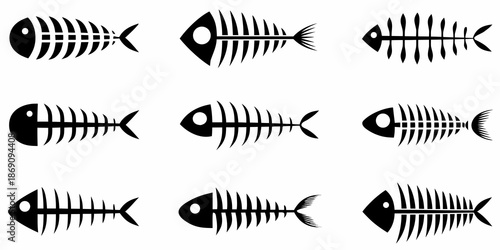 Collection of black fish skeletons in various orientations flat vector design