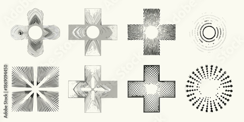 Abstract geometric patterns with crosses and radial designs in grayscale