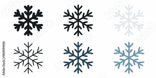 A collection of six snowflake icons in varying shades of blue and gray