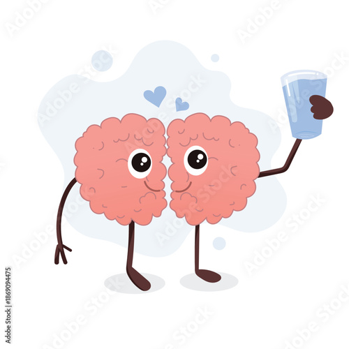 Cute brain character drinking glass of water for hydration and mental health
