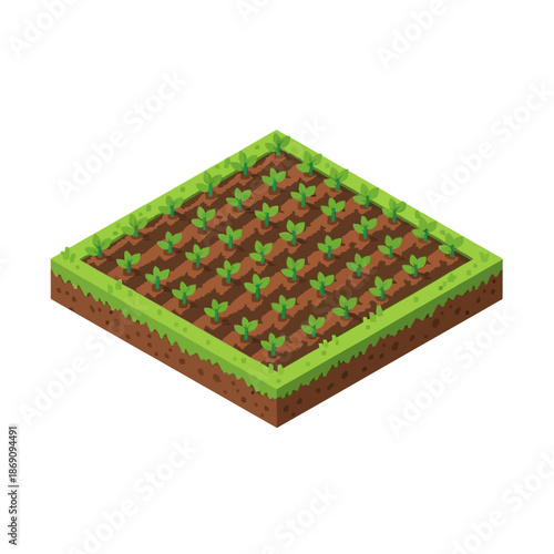 Isometric illustration of a perfectly cultivated farm field with rows of young plants growing in fertile soil, symbolizing growth and agriculture