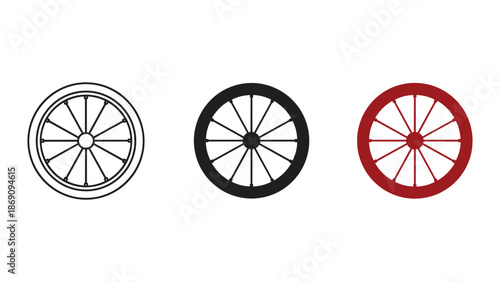 Set of three bicycle wheels in different colors and styles