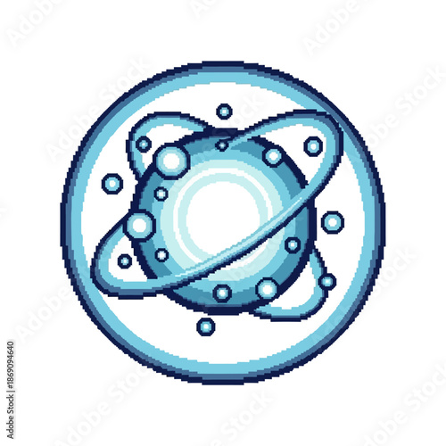 Abstract Celestial Body with Orbiting Moons and Bubbles in a Circular Emblem