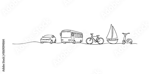 Hand drawn single line illustration of various transportation vehicles in a row.Line art style and minimalist outline, representing mobility, transportation options, and modern travel concept.