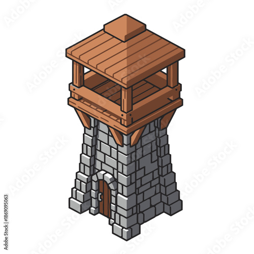 Isometric medieval stone watchtower with wooden roof and balcony, digital illustration for game asset