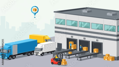 Logistics warehouse with trucks and forklift loading cargo.