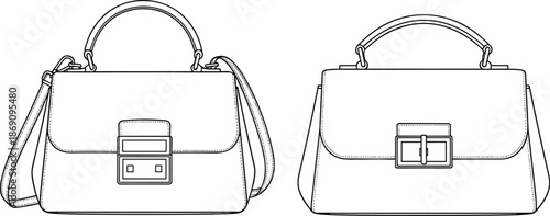 Handbag design, top handle, flap closure, clasp detail, fashion accessory, side view, technical sketch, flat vector illustration