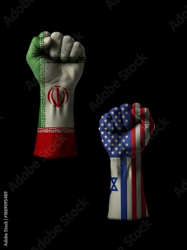 american flag with fist, Conceptual Clashing Fists Painted with Iran Israel and USA National Flags Representing Geopolitical Conflict