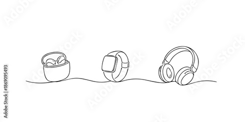 Hand drawn single line modern audio and wearable devices. Line art style and minimalist outline, representing technology background, digital lifestyle, and smart gadget concept.