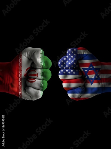 american flag with fist, Conceptual Clashing Fists Painted with Iran Israel and USA National Flags Representing Geopolitical Conflict