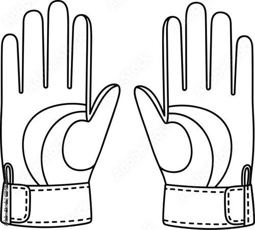 Sport gloves, palm view, padded grip, wrist strap, ergonomic design, technical sketch, protective gear, flat vector illustration