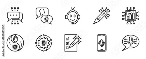 Human and AI Interaction Vector Icon set - Minimalis Outline Symbol Style contain AI Chat Assistant, Human-AI Interaction, Customer Support, Content Writing, Data Analysis Dashboard, Collaboration, AI
