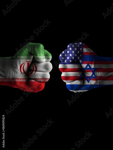american flag with fist, Conceptual Clashing Fists Painted with Iran Israel and USA National Flags Representing Geopolitical Conflict