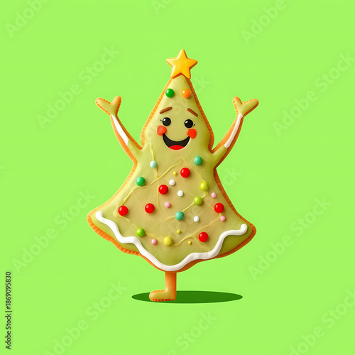 Gingerbread tree cookie decoration with colorful frosting and smile on green background
