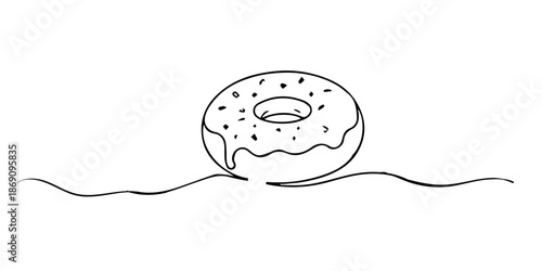 Hand drawn continuous line illustration of a donut pastry. Minimalist single line style representing sweet food, dessert concept, and modern bakery illustration.