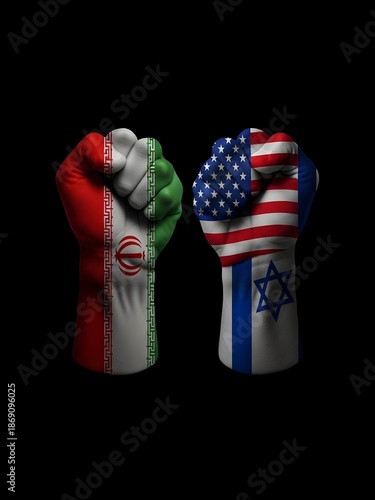 american flag with fist, Conceptual Clashing Fists Painted with Iran Israel and USA National Flags Representing Geopolitical Conflict
