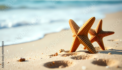 Starfish on sandy beach with waves in background during sunny day