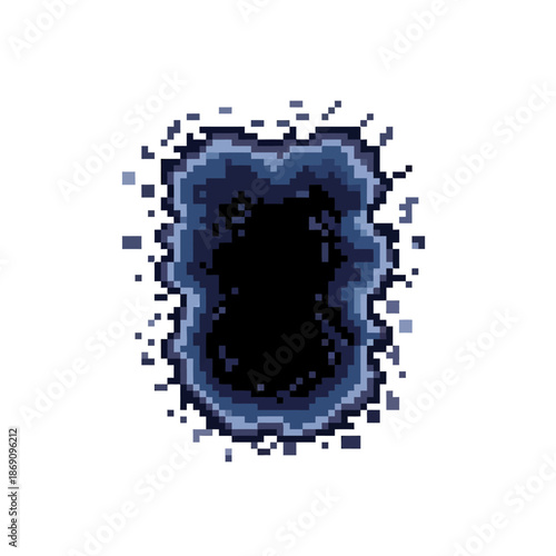 Digital pixelated abstract void gateway, a dark mysterious portal illustration with glitch effects and radiating energy, ideal for retro video game aesthetics and science fiction concepts