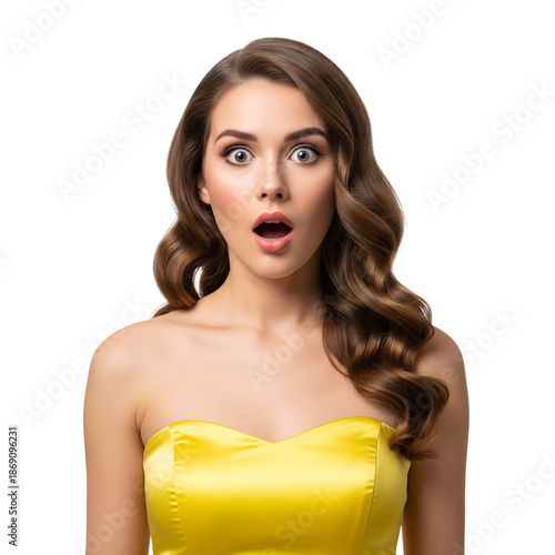 Shocked beautiful woman with long hair standing on on a white or transparent background.
