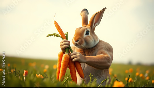 Rabbit holds three carrots in a field of flowers during daytime