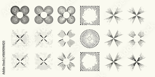 Abstract geometric patterns A collection of circular and linear designs in grayscale