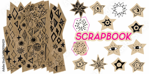 Decorative scrapbook paper with star shapes and hand drawn illustrations