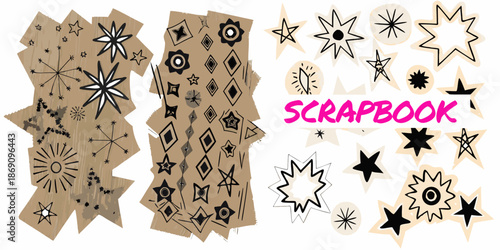 Collection of scrapbook paper elements with star and geometric designs