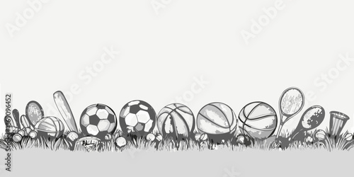 An assortment of various sports equipment displayed on a grassy surface