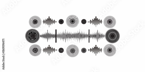 Abstract sound waves and dj equipment illustration in grayscale tones