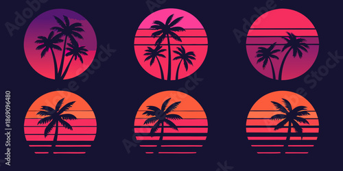 Vaporwave style palm trees and sunset gradients in a retro design