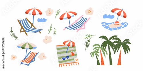 A colorful illustration showcasing beach umbrellas lounge chairs and tropical elements