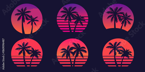 Vaporwave style palm trees and retro sunset gradients in a repeating pattern