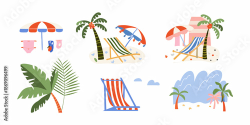 A collection of colorful beach elements including umbrellas chairs and palm trees