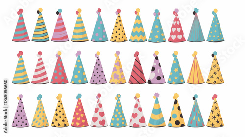 Colorful party hats arranged in three rows on a white background