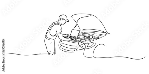 Hand drawn single line car mechanic diagnosing a vehicle engine with a laptop.Line art style and minimalist outline, representing automotive service,car repair,and technical inspection concept.