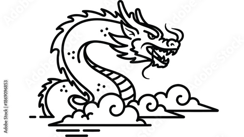 Modern bold line style dragon and cloud vector illustration
