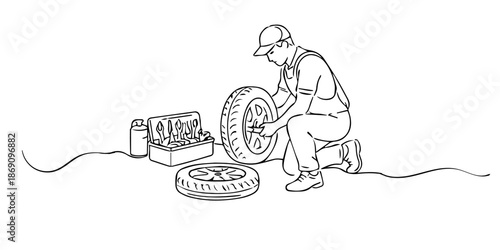 Hand drawn single line illustration of a mechanic changing a car tire. Clean outline style representing vehicle maintenance, roadside repair, and professional auto service.