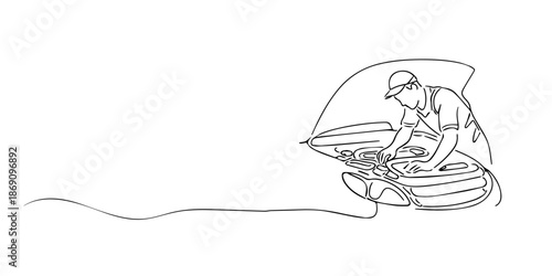 Hand drawn single line of a car mechanic repairing an engine with the hood open. Line art style and minimalist outline, representing automotive repair, car maintenance, and mechanical service concept.