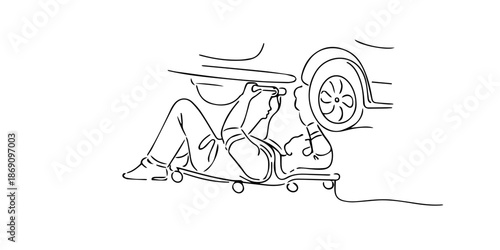 Hand drawn single line illustration of a mechanic repairing a car from underneath. Clean outline style representing automotive service, repair work, and professional maintenance.