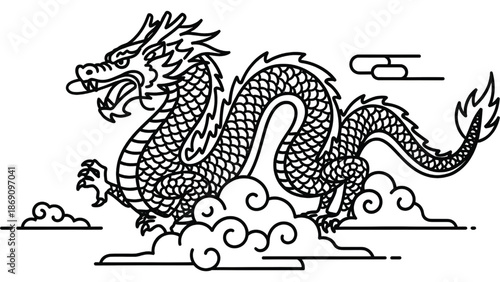 Modern bold line style dragon and cloud vector illustration
